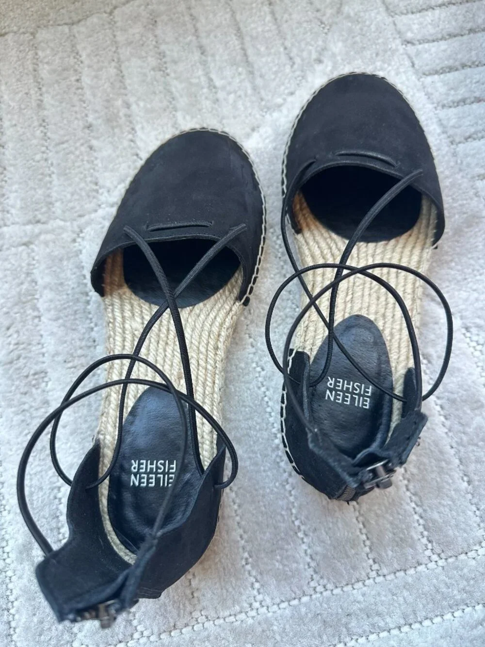 Eileen Fisher Lace Black Leather Lace-Up Espadrille Flats Women’s Size 8